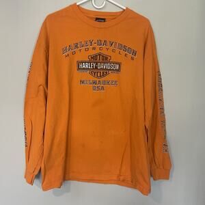 Harley Davidson Mens Milwaukee Long Sleeve T Shirt XL Orange Mad River Sandusky